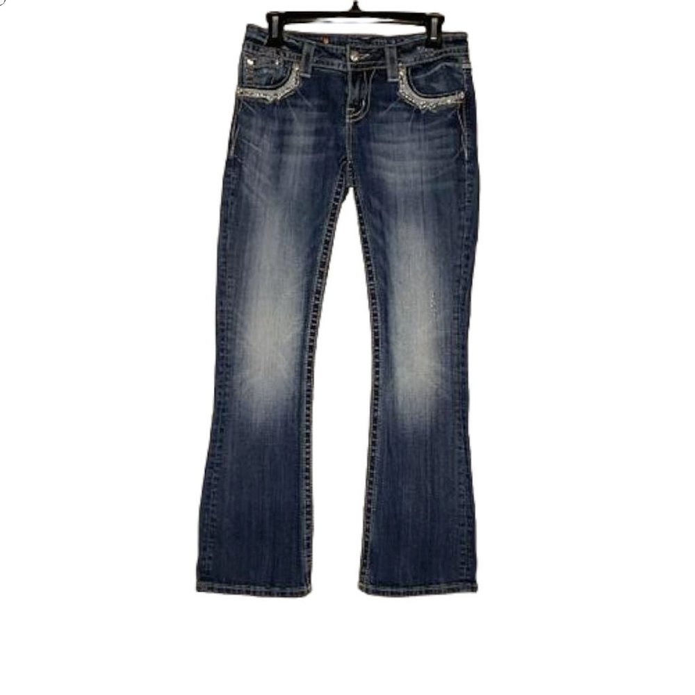 Miss Me Relaxed Bootcut Denim Jeans Blue Rhinestone Pockets Womens Size 26